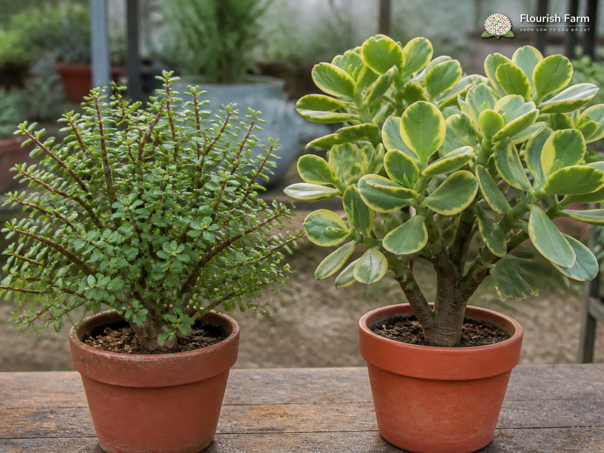 Portulacaria có lá nhỏ, cành mảnh; Crassula có lá lớn, dày và thân chắc hơn.