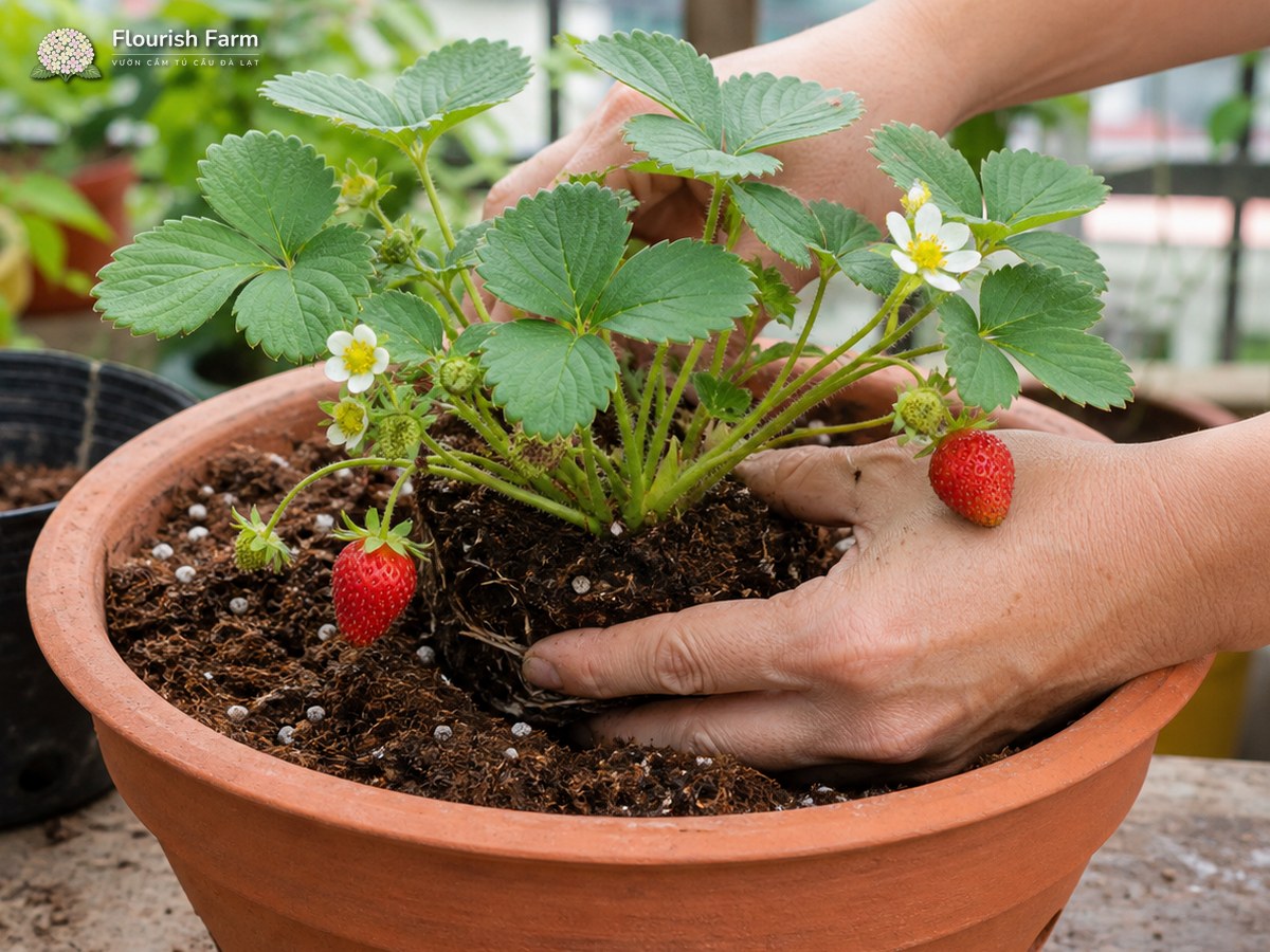 Đặt đúng độ sâu ngay từ đầu giúp cây dâu tây chậu hồi nhanh và ít thối cổ.