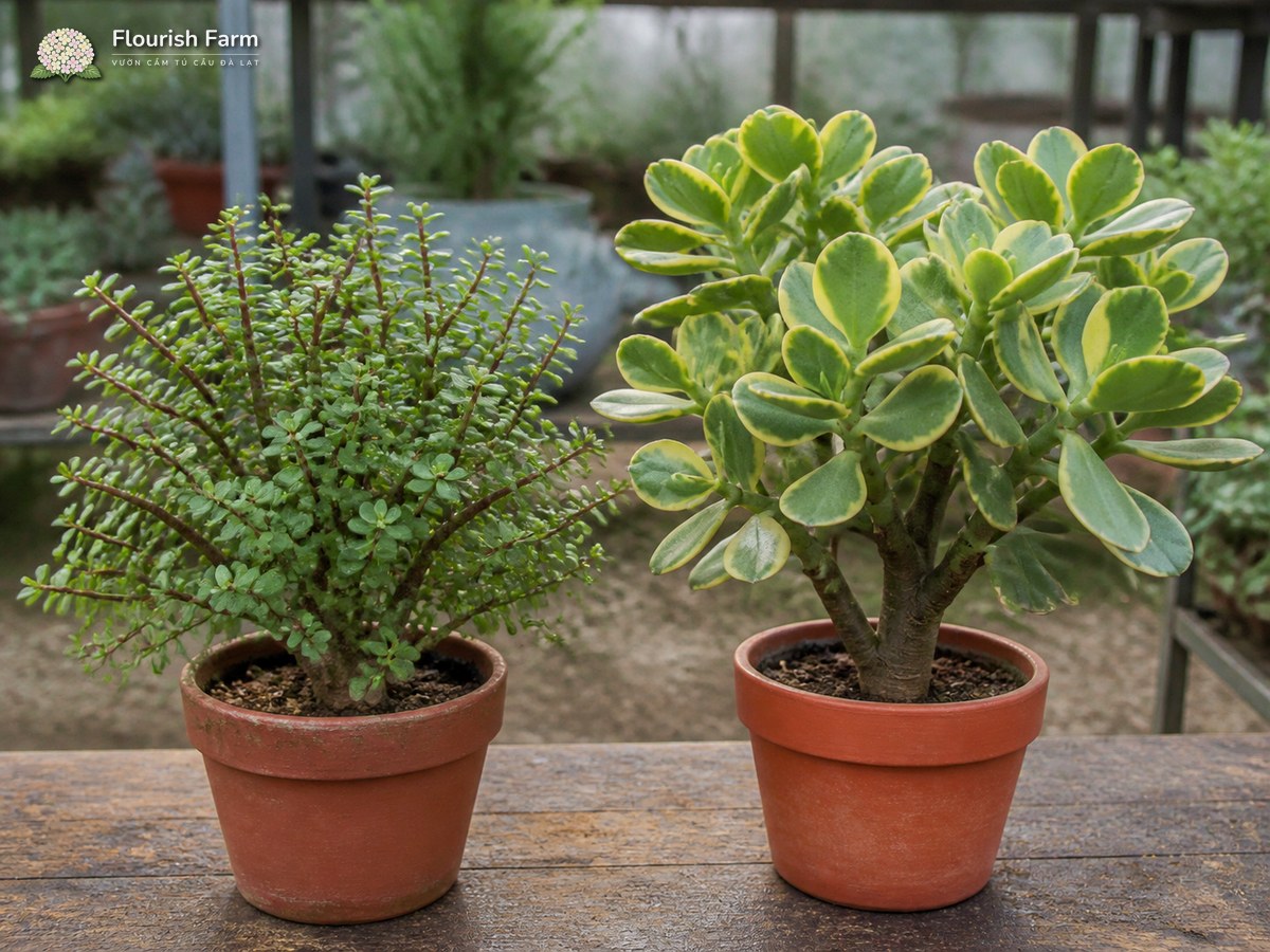 Hai cây cùng bị gọi là lá ngọc cành vàng: Portulacaria afra bên trái và Crassula ovata viền vàng bên phải.