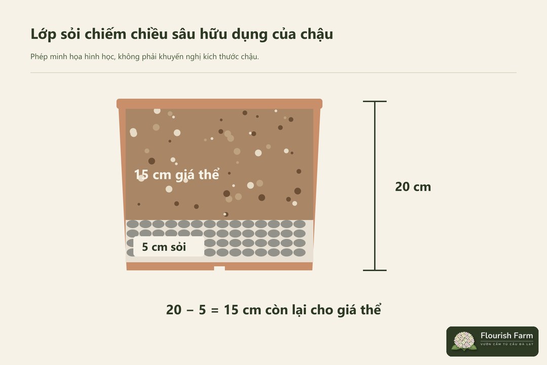 lớp lót chiếm một phần chiều sâu có thể dành cho giá thể.