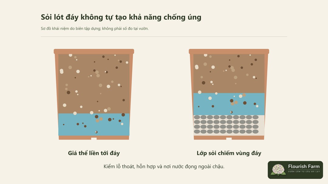 lớp sỏi thay cấu trúc vùng rễ nhưng không tự tạo khả năng chống úng.