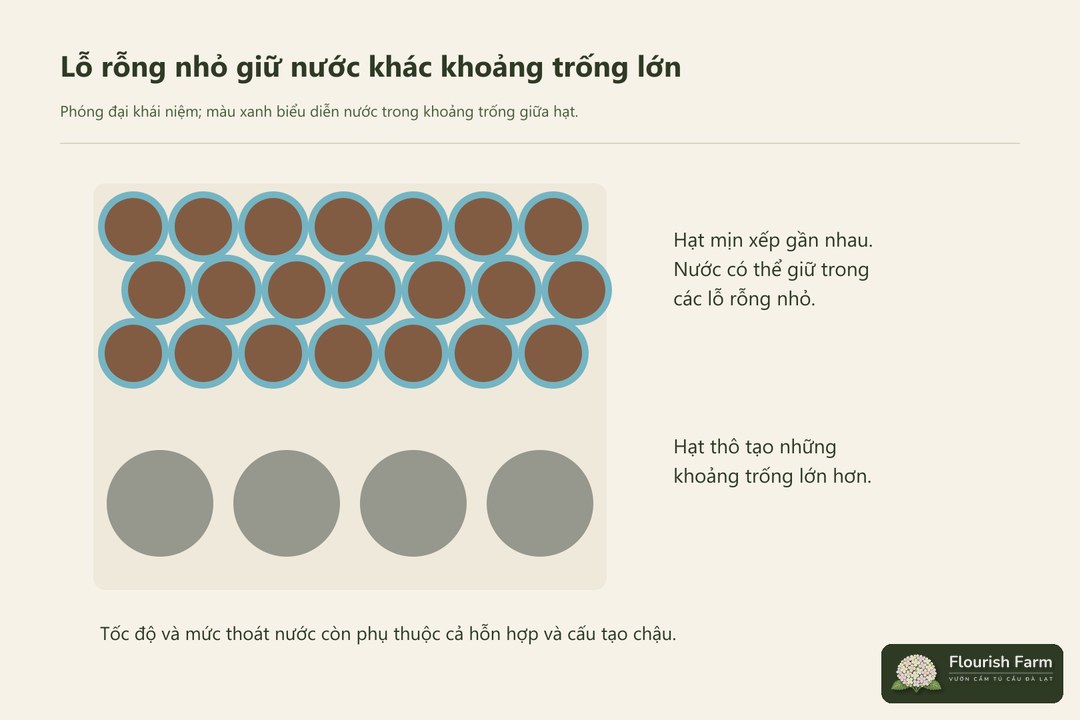 sơ đồ hạt mịn có nước trong khoảng trống nhỏ và hạt thô có khoảng trống lớn