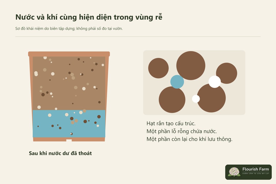 khoảng khí cần được xét khi nước dư đã thoát khỏi giá thể.