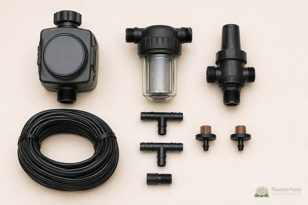 các bộ phận hệ tưới được đặt riêng để nhận diện trước khi lắp