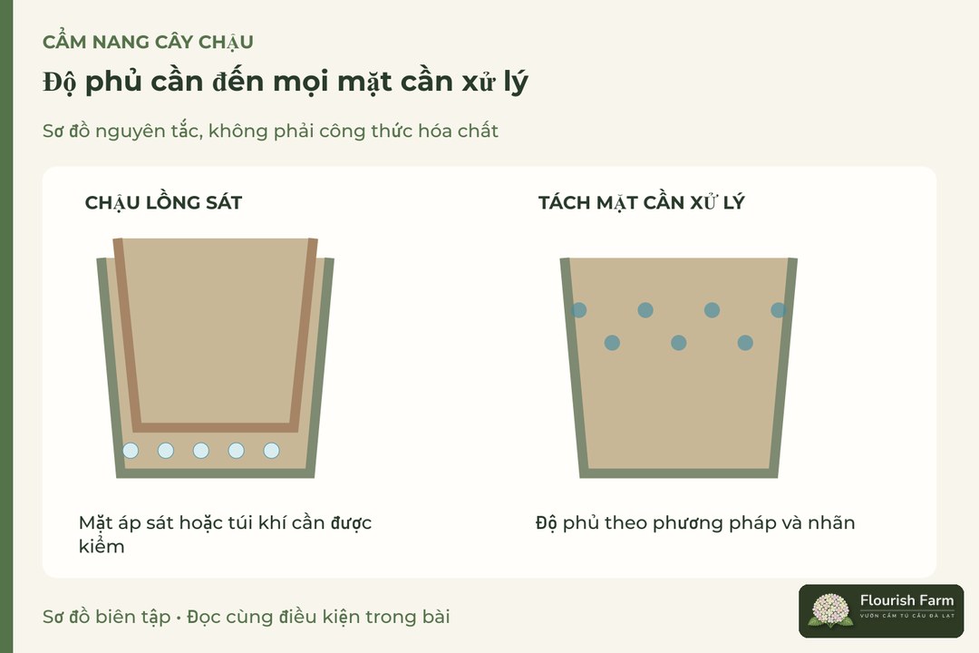 độ phủ cần đến mọi mặt cần xử lý: Chậu lồng sát, Tách mặt chậu