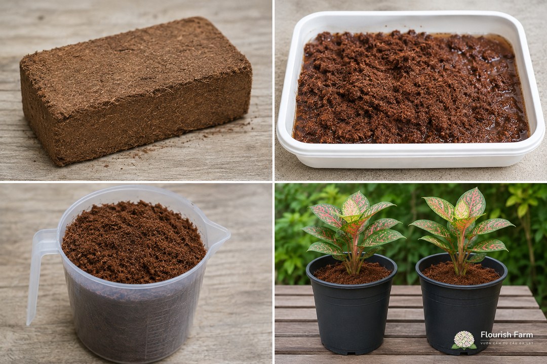 chuỗi bánh xơ dừa làm nở đong tơi và chậu thử