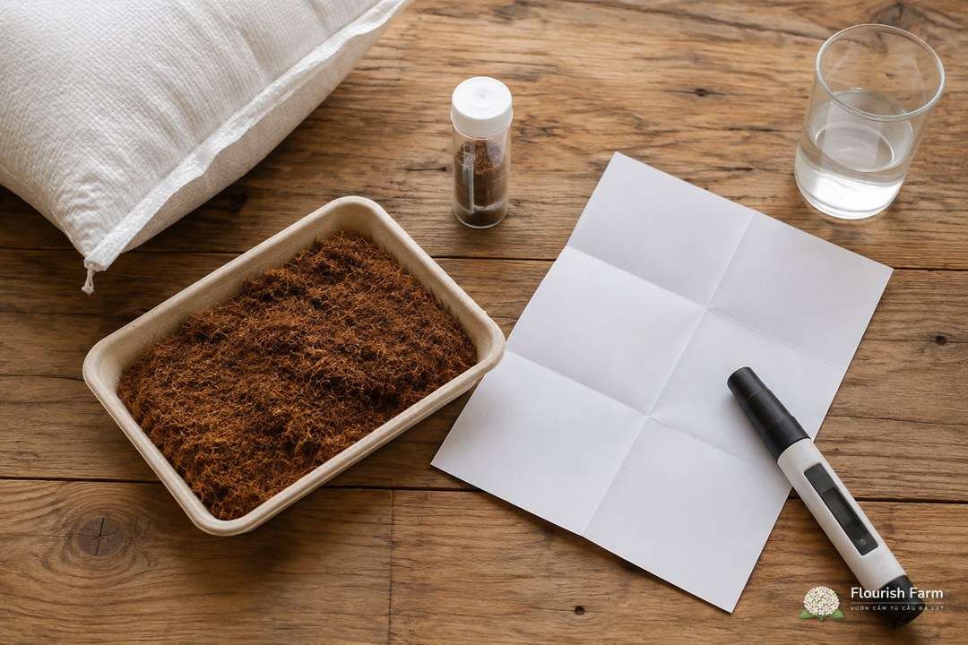 mẫu xơ dừa của lô vật liệu cạnh dụng cụ kiểm và phiếu trống