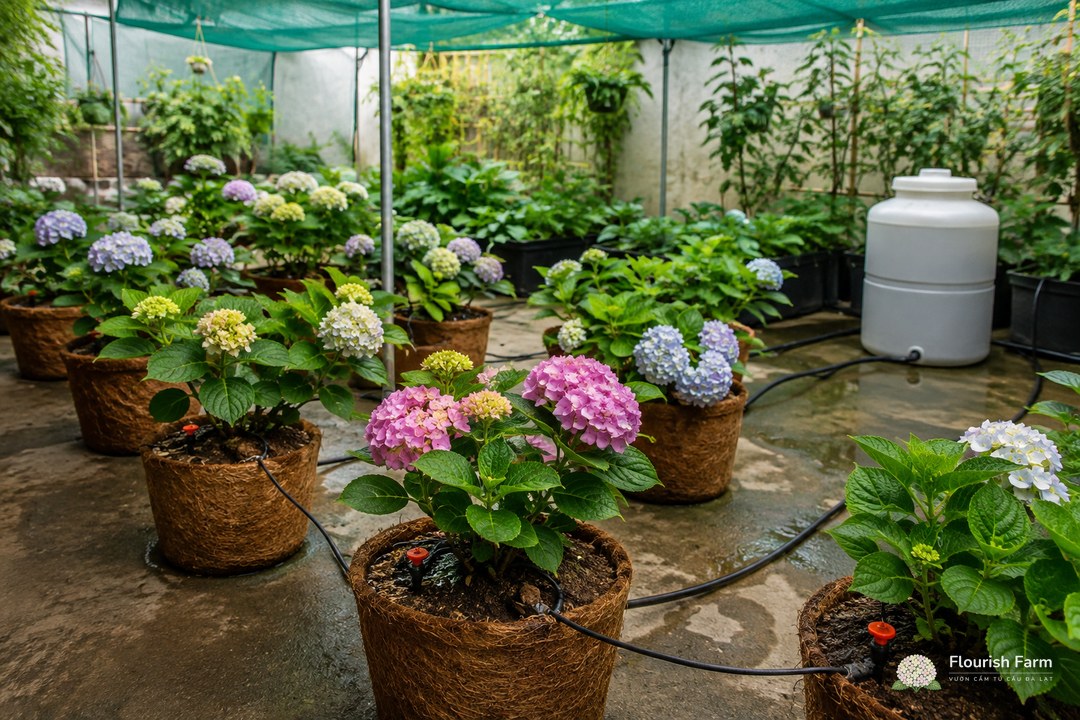 các chậu cẩm tú cầu trong hệ tưới nhỏ giọt ở vườn