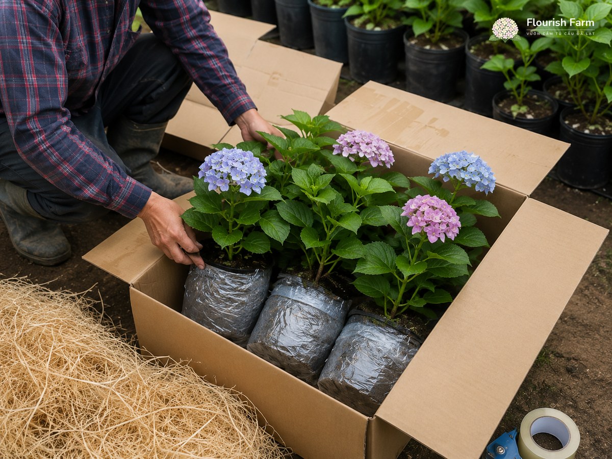 Nhà vườn đóng các chậu cẩm tú cầu nguyên bầu rễ vào thùng carton
