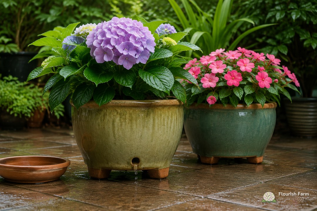 đáy chậu và chân kê chừa đường thoát nước