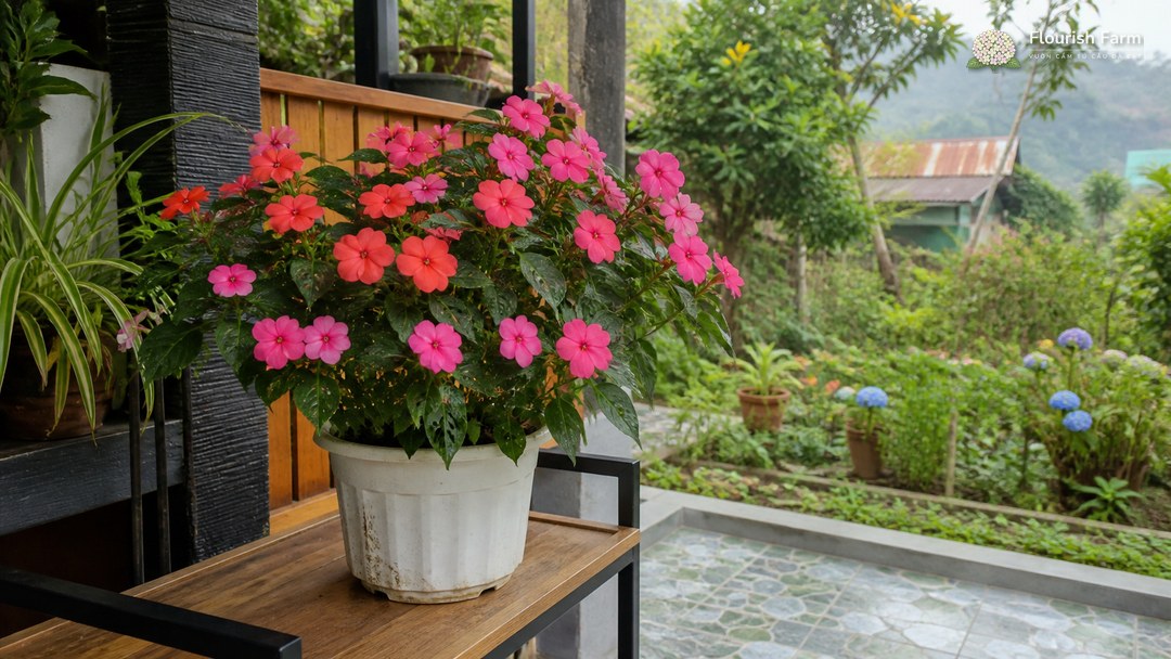 Chậu ngọc thảo nguyên cây đặt trên kệ chắc chắn ở hiên nhà sáng thoáng