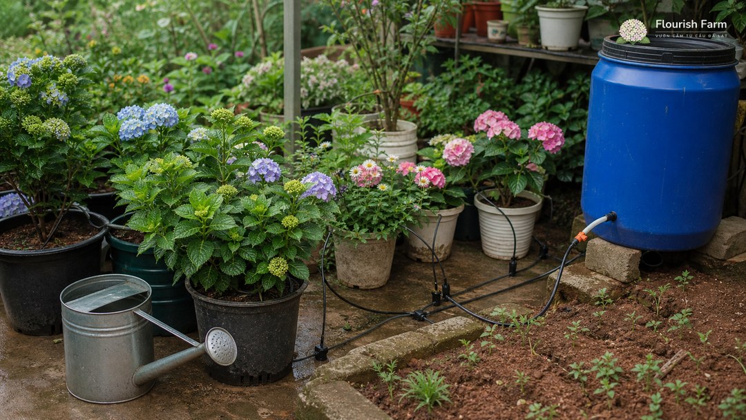 Các chậu hoa ngoài trời nối với hệ tưới nhỏ giọt từ thùng nước dự trữ