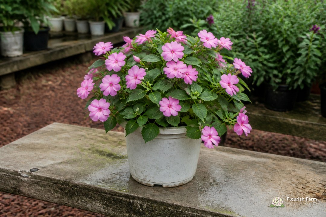 cây Impatiens dạng bụi thấp với hoa hồng nằm phía trên tán lá