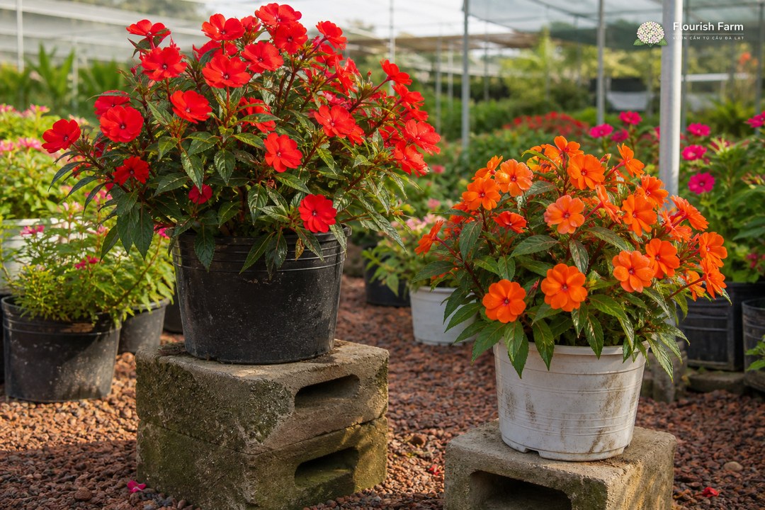 hai chậu Impatiens hoa đỏ và cam trên các khối bê tông trong vườn ươm