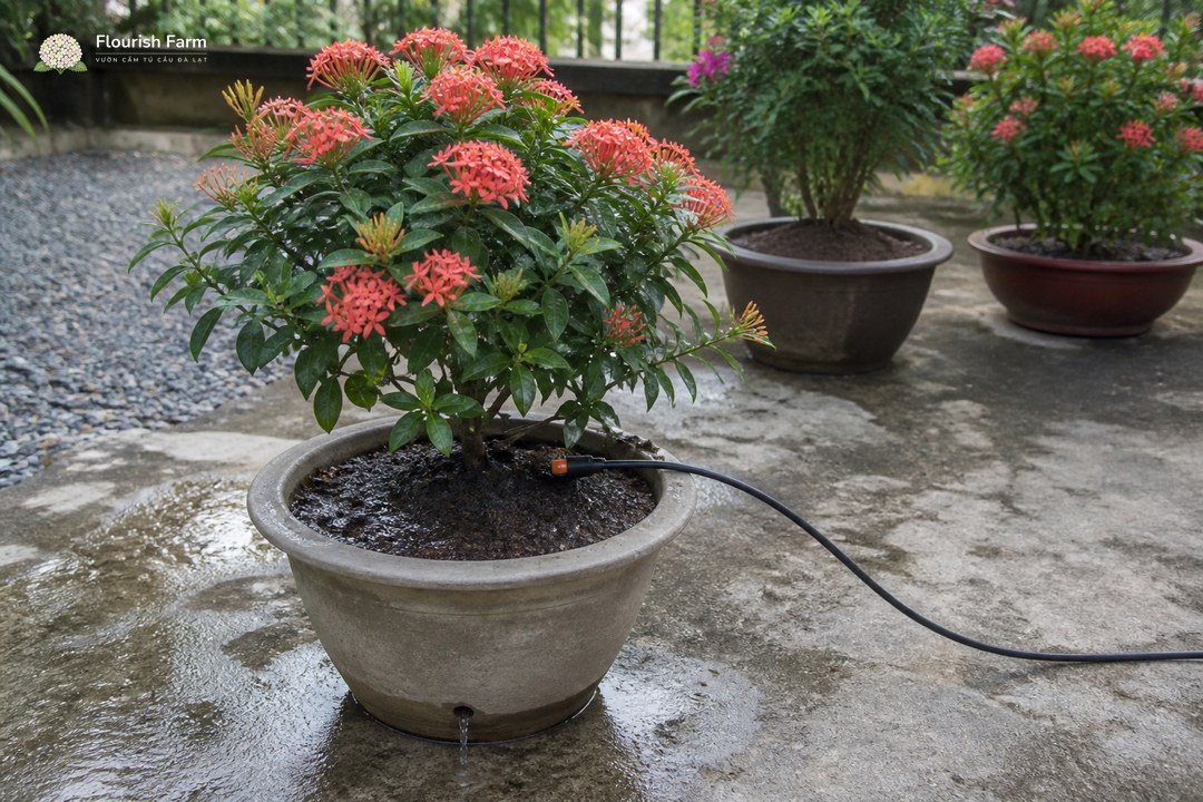 dây nhỏ giọt tưới chậm vào gốc cây chậu trong buổi sáng ngày nóng