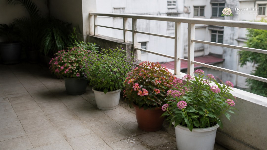 các chậu hoa ngoài trời đặt từ mép ban công sáng vào góc mái sâu