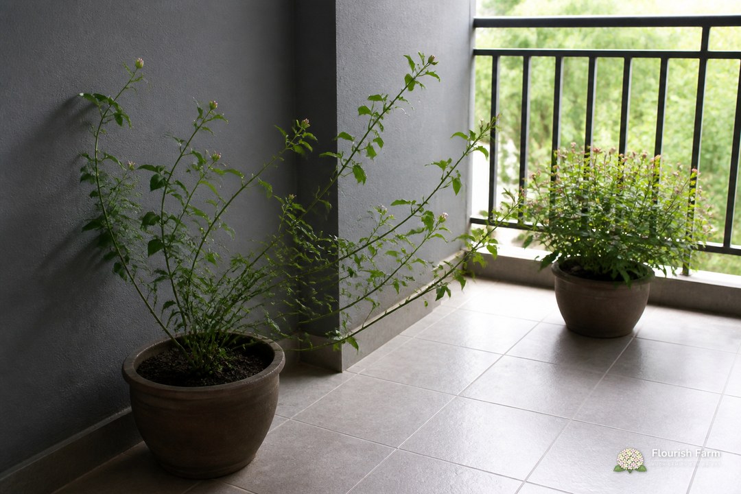 cây trong góc tối vươn thân về phía lan can sáng và tạo ít nụ