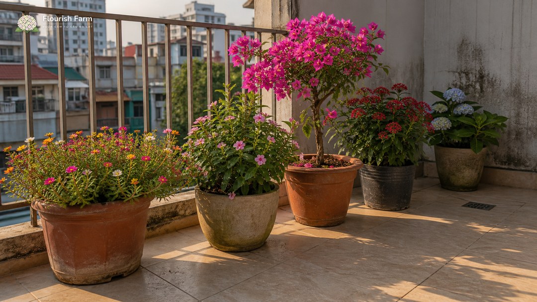 dải nắng chiều chạy từ lan can vào vùng che của ban công hướng tây
