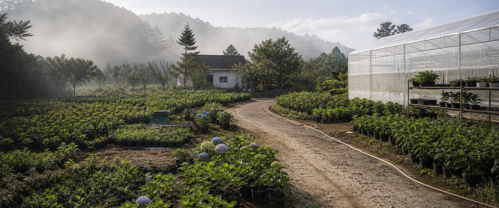 Các lứa cẩm tú cầu nối từ nhà vườn đến nhà lồng Flourish Farm