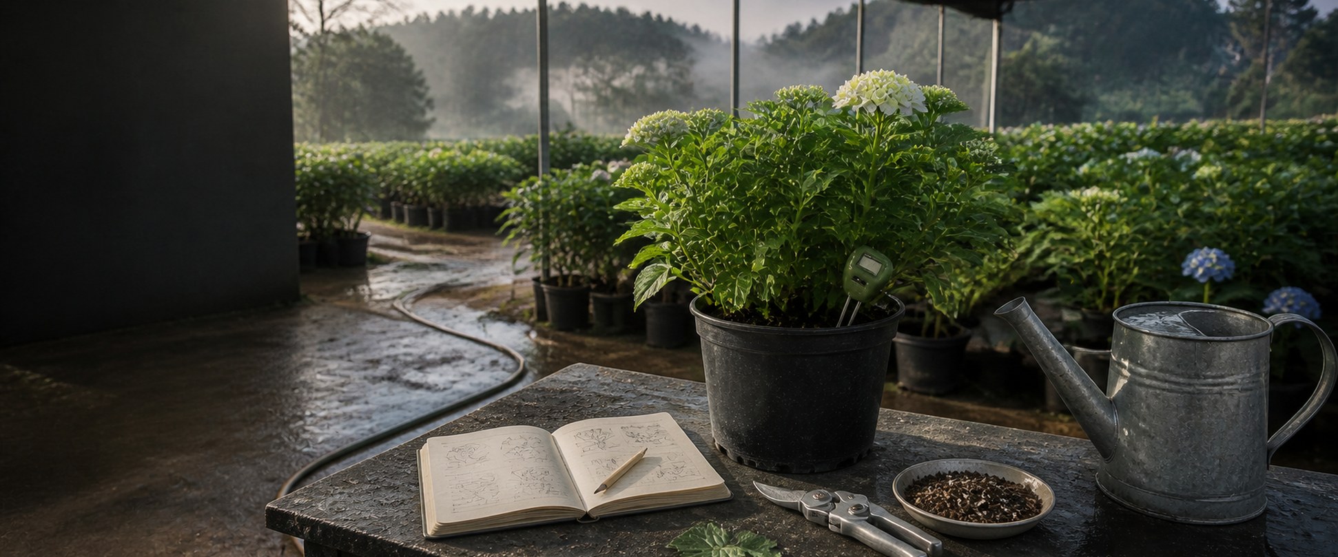 Bàn kiểm tra và dụng cụ chăm cẩm tú cầu trong nhà lồng Flourish Farm