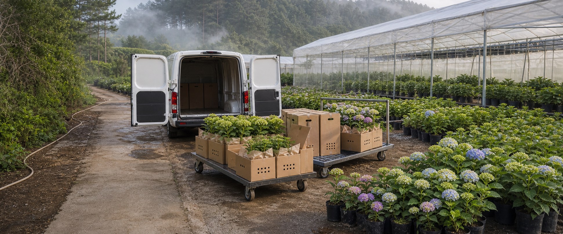 Cây cẩm tú cầu, thùng vận chuyển và xe giao hàng tại Flourish Farm
