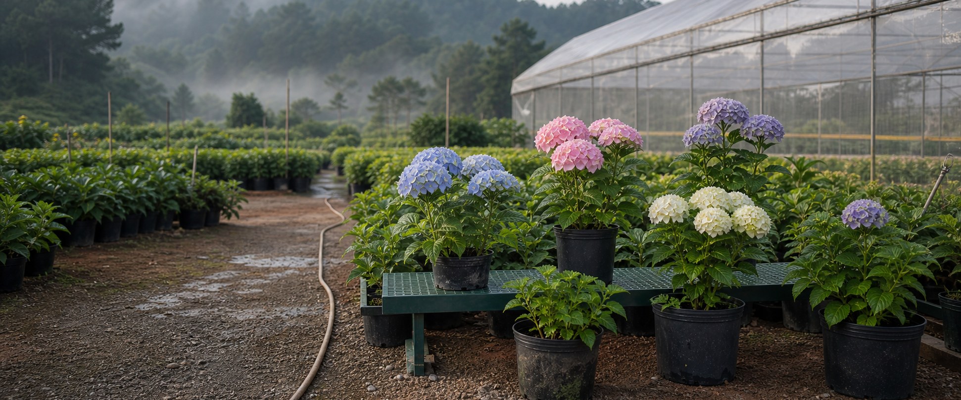 Các chậu cẩm tú cầu khác màu tại vườn Flourish Farm