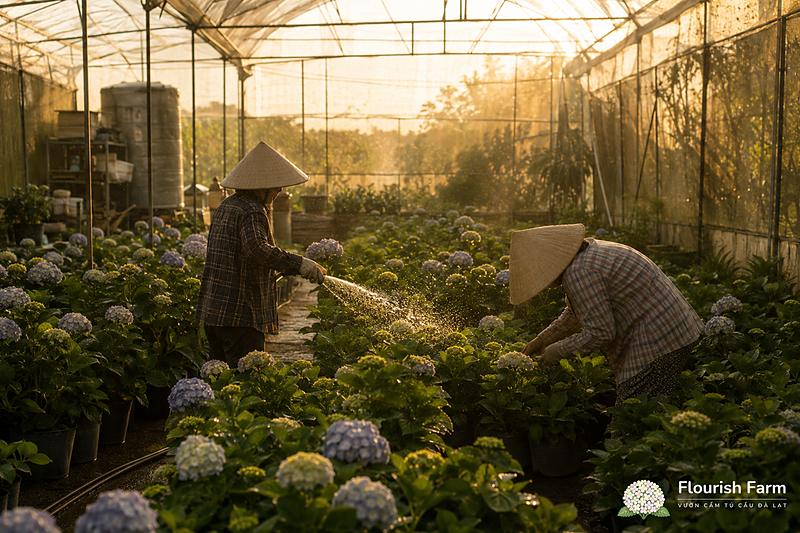 Hai người chăm dãy cẩm tú cầu trồng trong chậu dưới mái che